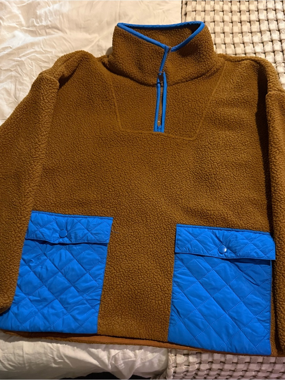 Women’s Brown Fleece Pullover Jacket with Blue Quilted Pockets